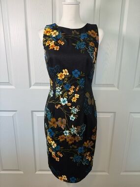 Hobbs London Moria Floral sheath Dress Sleeveless  Black Midi Blue & Yellow 6